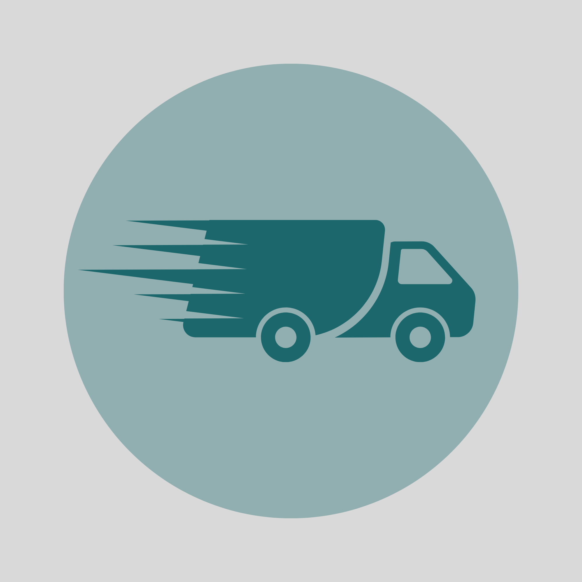Icon of a delivery truck with speed lines on a light blue circle
