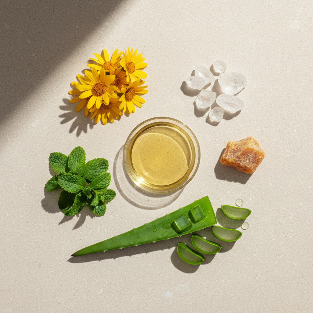 A clean, top-down flat lay on a neutral background (stone, light wood, or soft beige) featuring a curated selection of A-KALM’s recognisable ingredients, arranged neatly around the jar or slightly off to the side.
Include (visually):
Fresh arnica flowers
Mint leaves or menthol crystals (to imply cooling)
A small piece of camphor wood or resin
A clear glass dish of oil (to represent nourishing carrier oils)
Aloe leaf with gel. Full square