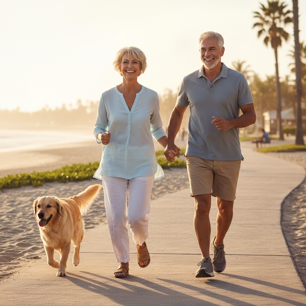 A happy couple in their late 50s enjoying a pain free life - square image