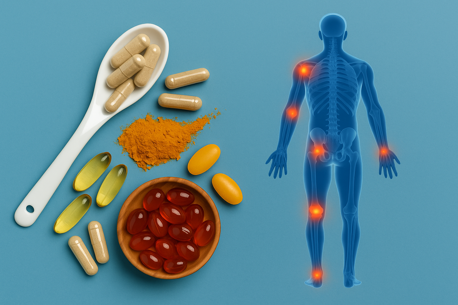Supplements for arthritis support and joint pain next to the human body with pain points