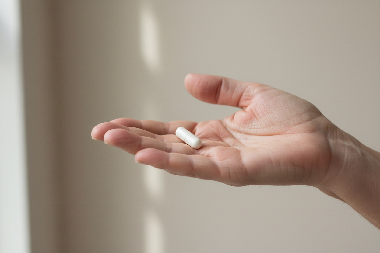 a hand of someone in their 50s holding a small white capsulse