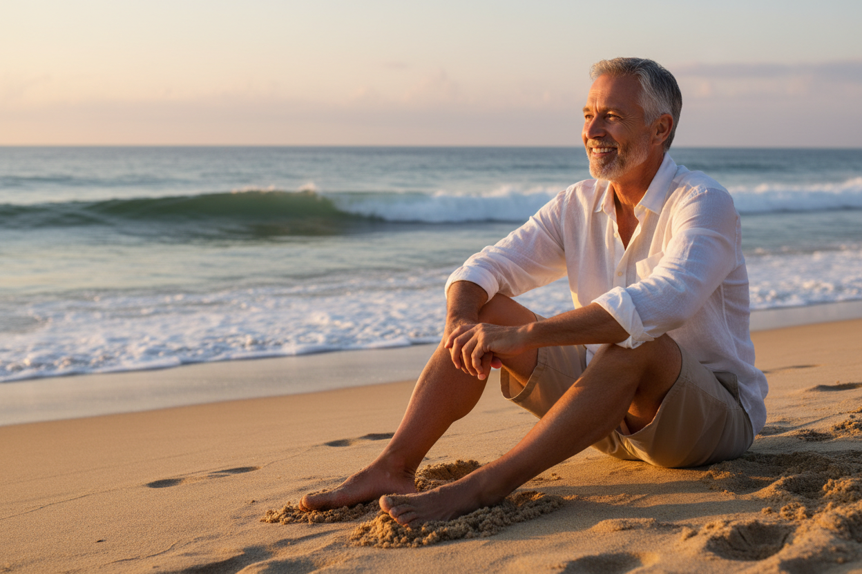 a happy man sat on the beach in his 60s