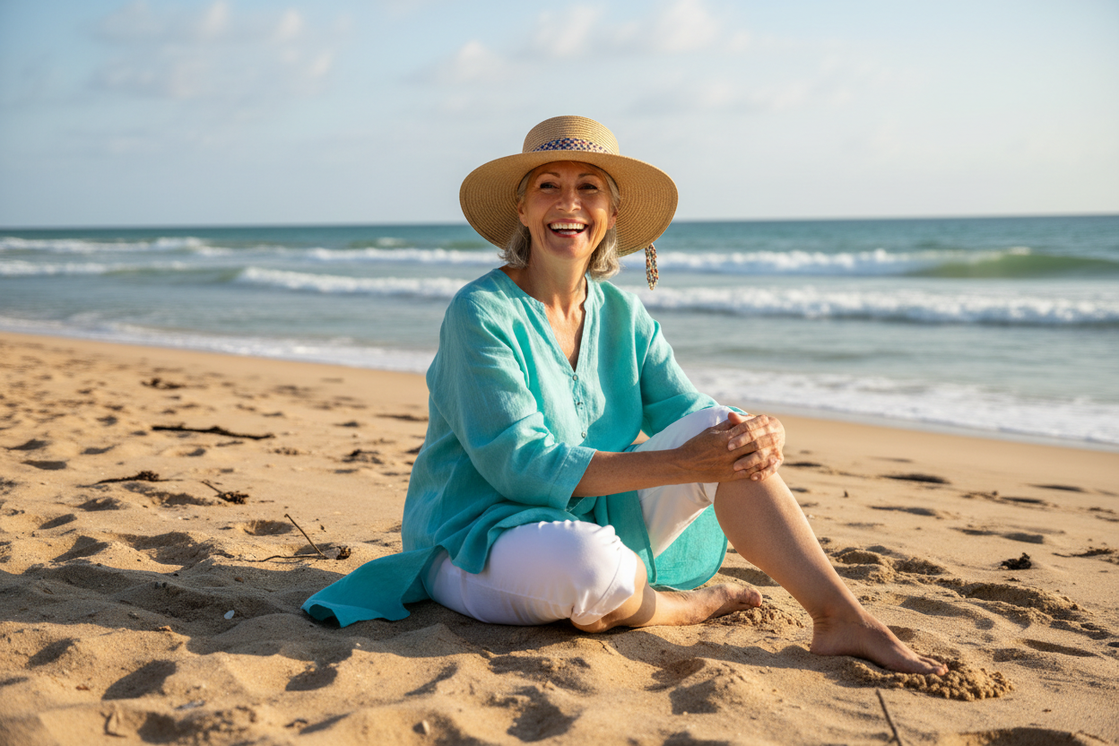 A happy woman in her 60s sitting on the beach