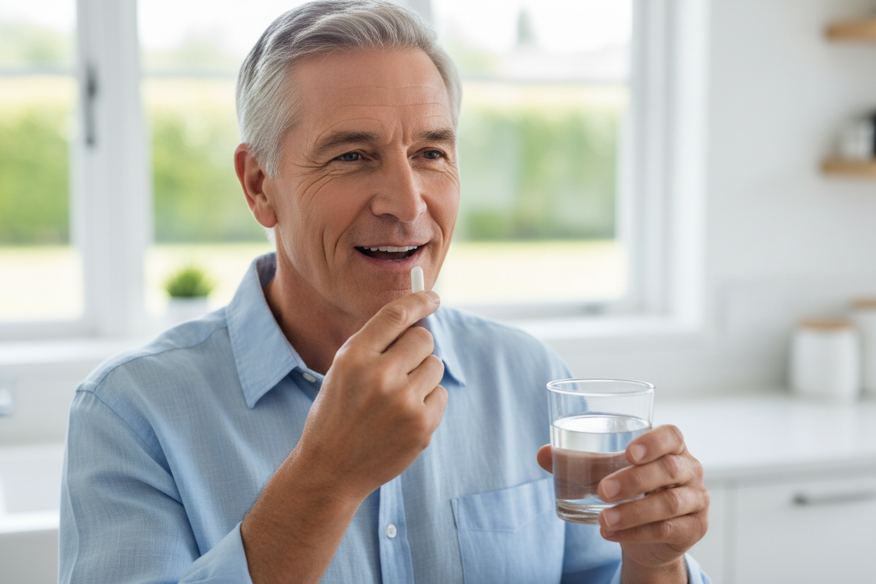 a man in their 60s taking one white capsules / supplement