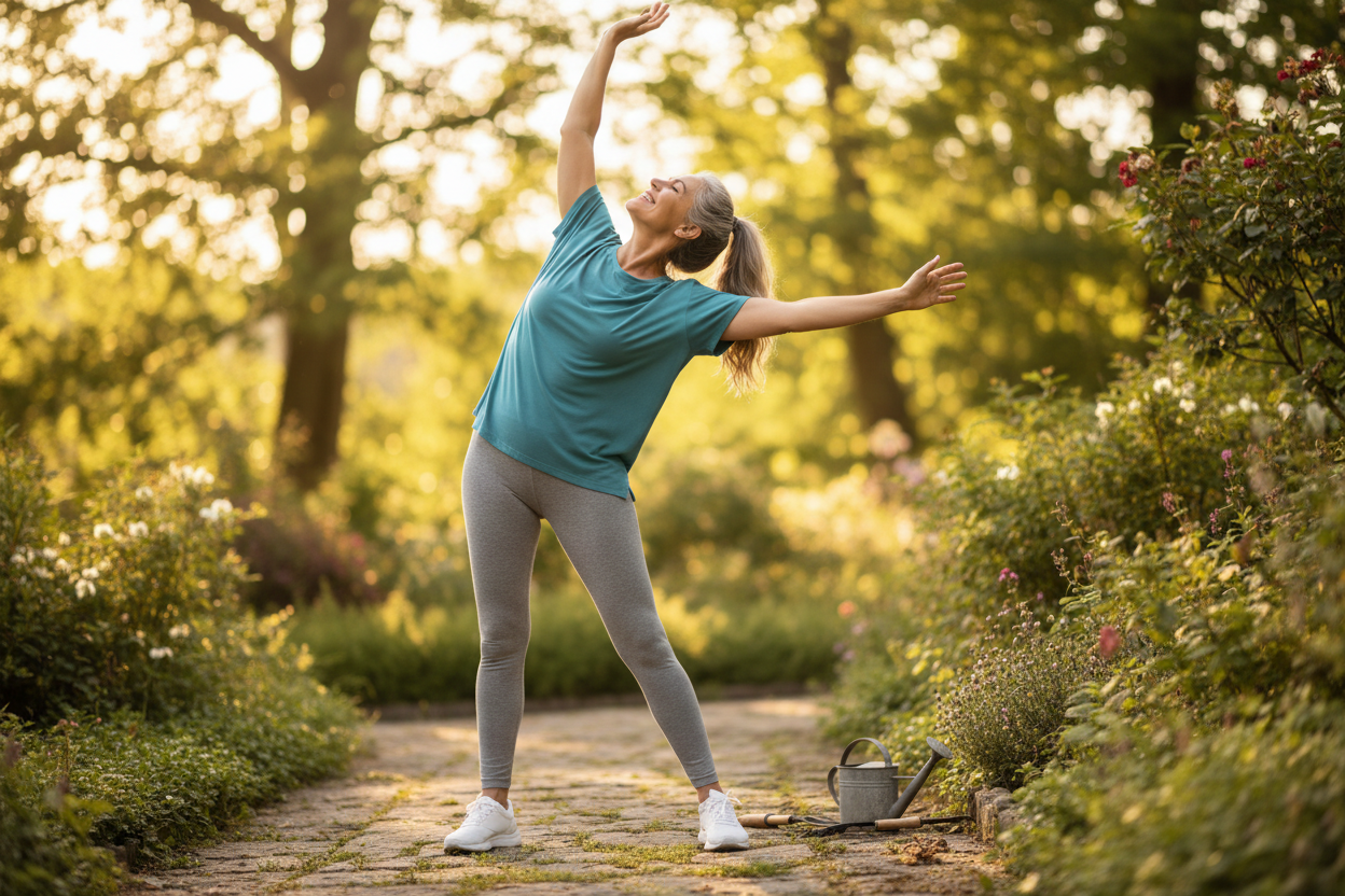 A person in their late 50s/early 60s who no longer has joint pain and is happy