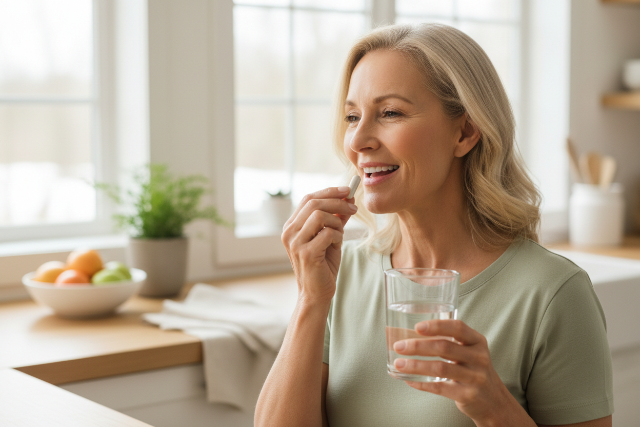 A person in their late 50s taking a capsule of magnesium 