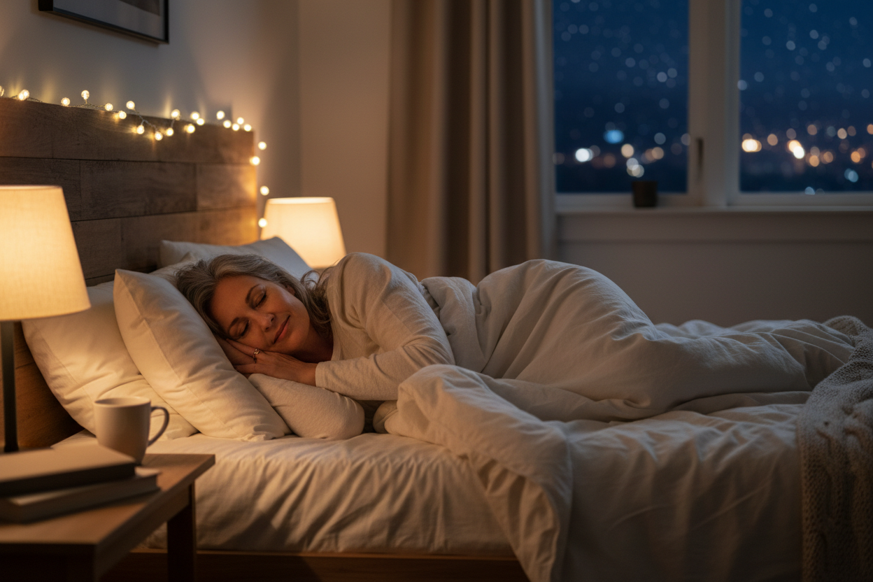 an image of someone in their 50s sleeping peacefully at nightitme not too close up but not too distant